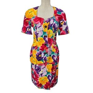 Oscar De La Renta VTG Watercolor Floral Top & Skirt Set Women's 8 Preppy Artsy